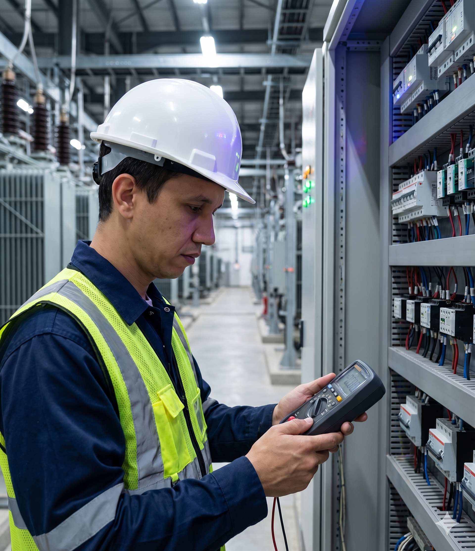 Eletricista realizando medições em quadro elétrico